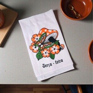 Vintage Terça-feira Mushroom & Butterfly Tea Towel Linen Portugal Cottagecore